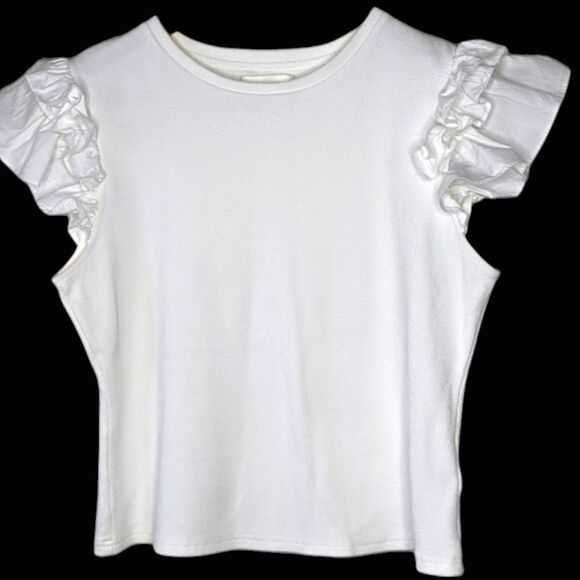 by ANTHROPOLOGIE Pure White Ruffle Sleeve Scoop Neck T-shirt size M L - Picture 1 of 8